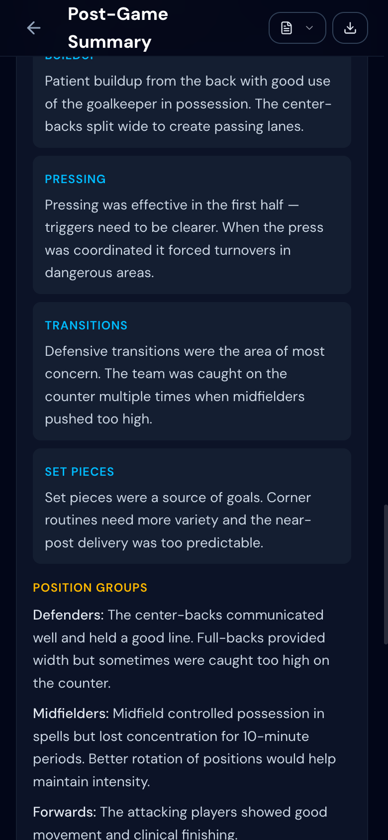 Enhanced AI analysis with tactical phases, position groups, and training priorities