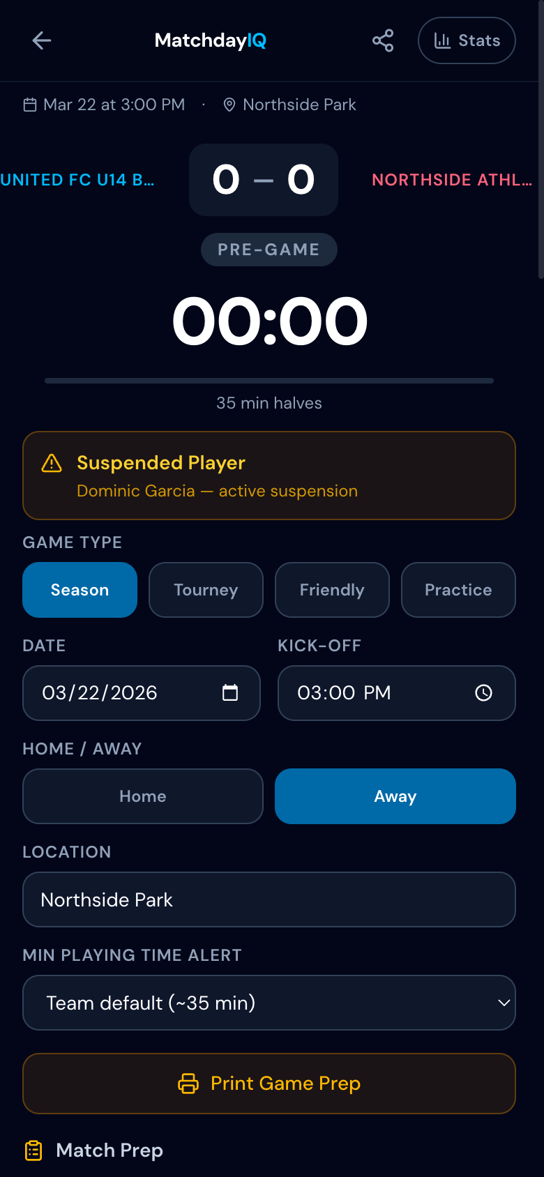 Game Prep PDF with opponent scouting, lineup, set pieces, and trends