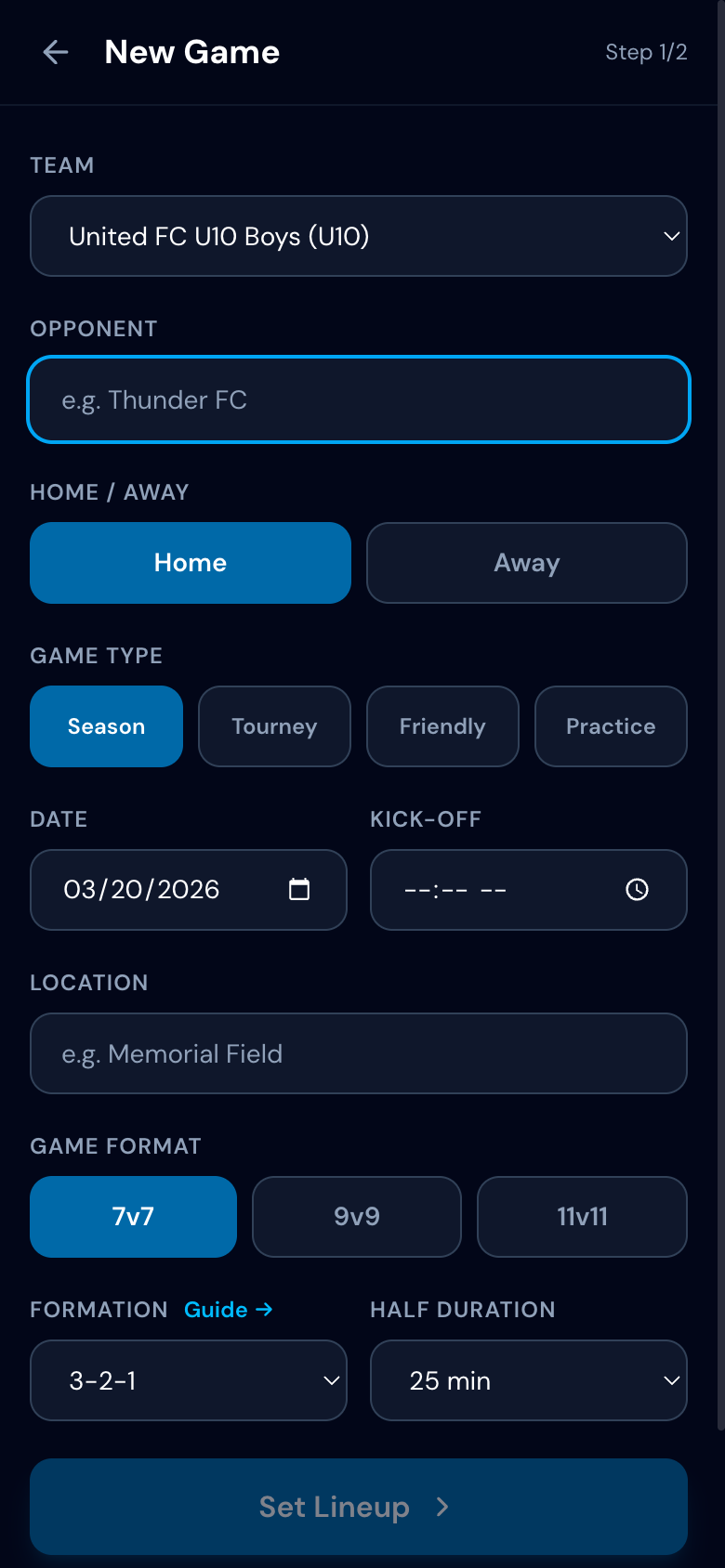 Lineup history showing past formations with results and one-tap reuse