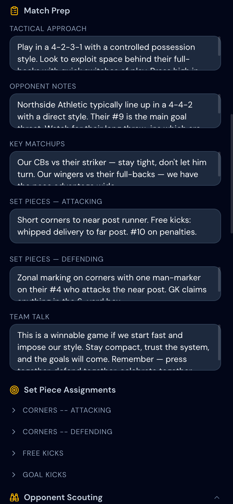 Match preparation panel with tactical approach, opponent notes, and set piece assignments