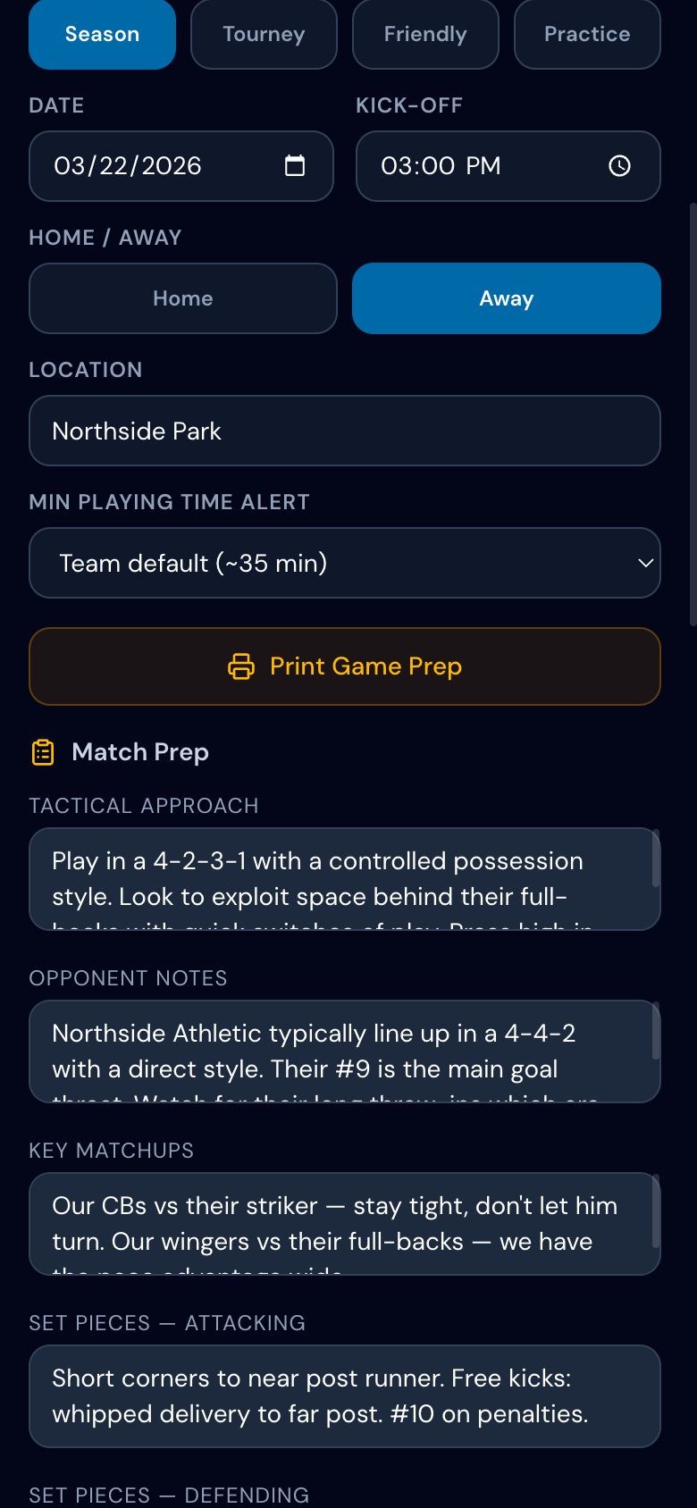 Opponent scouting panel showing saved formation, key players, and tactical notes