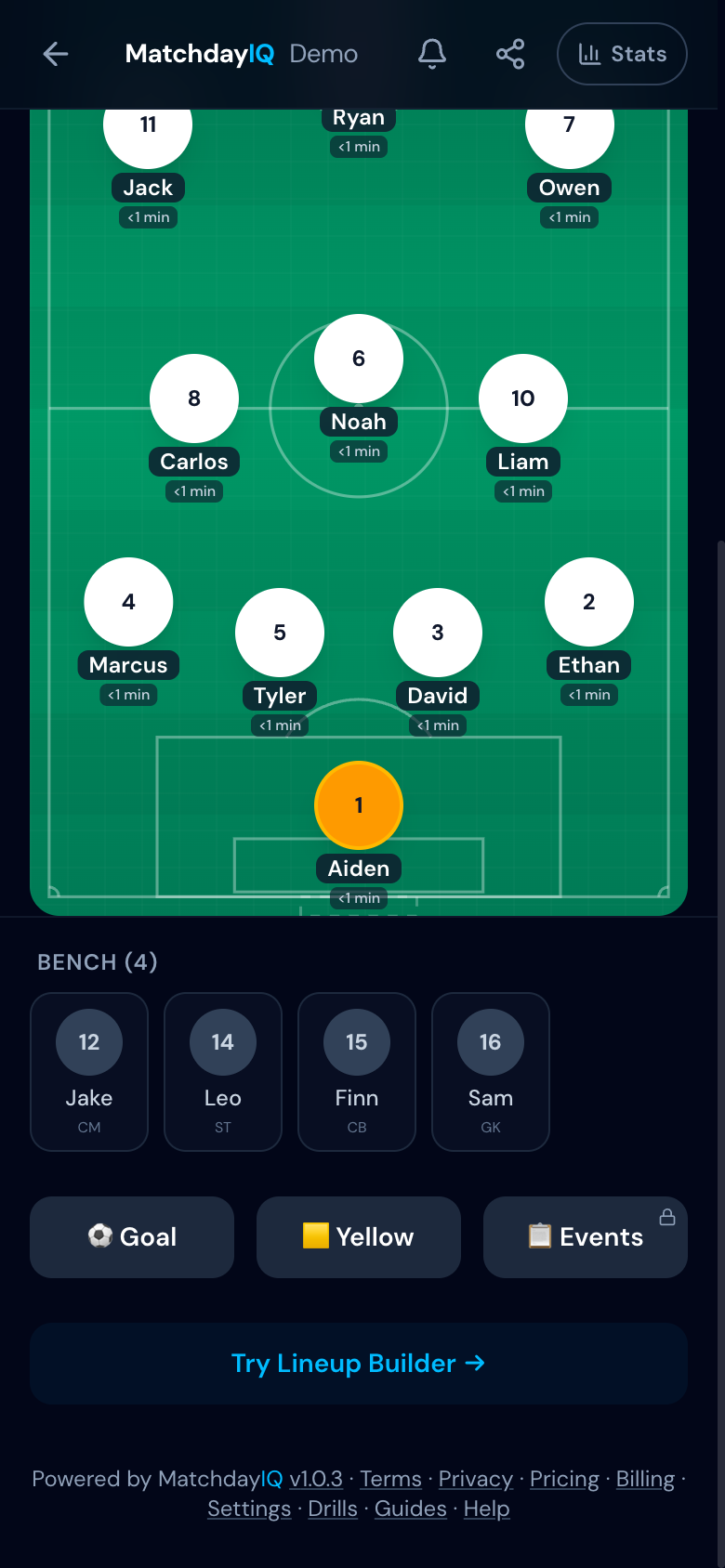 Bench panel showing substitute players with waiting times and playing time bars