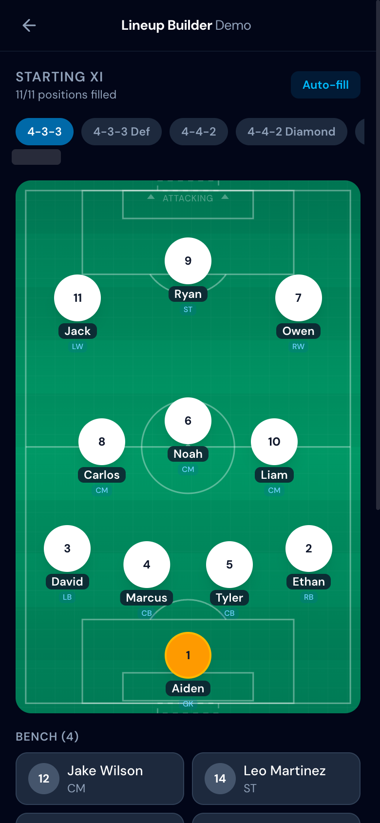 Lineup builder with players auto-filled into a 4-3-3 formation