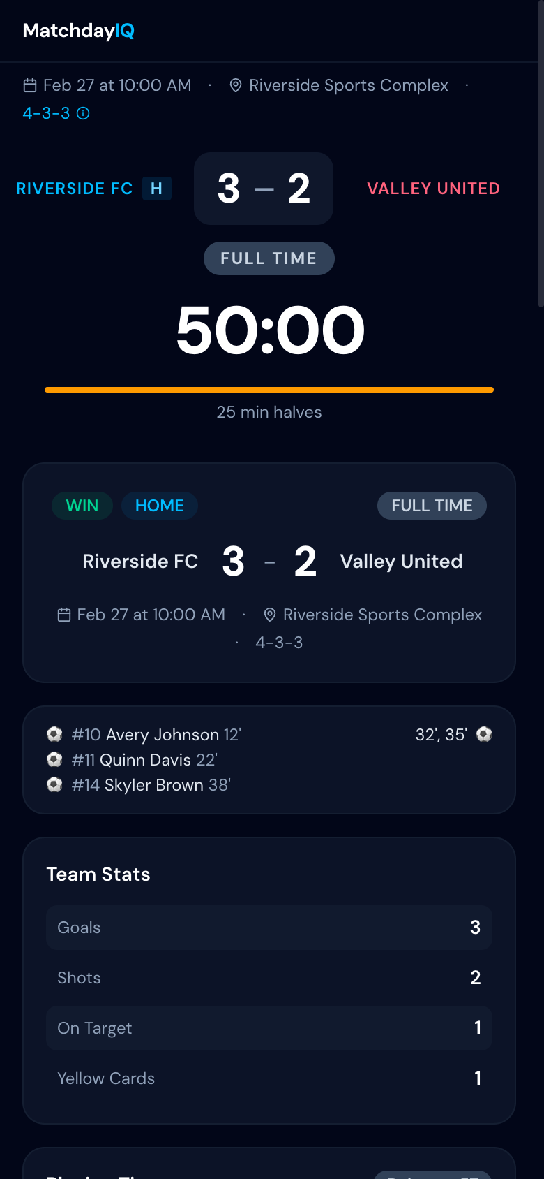 Parent spectator view showing live score, game clock, field positions, and playing time