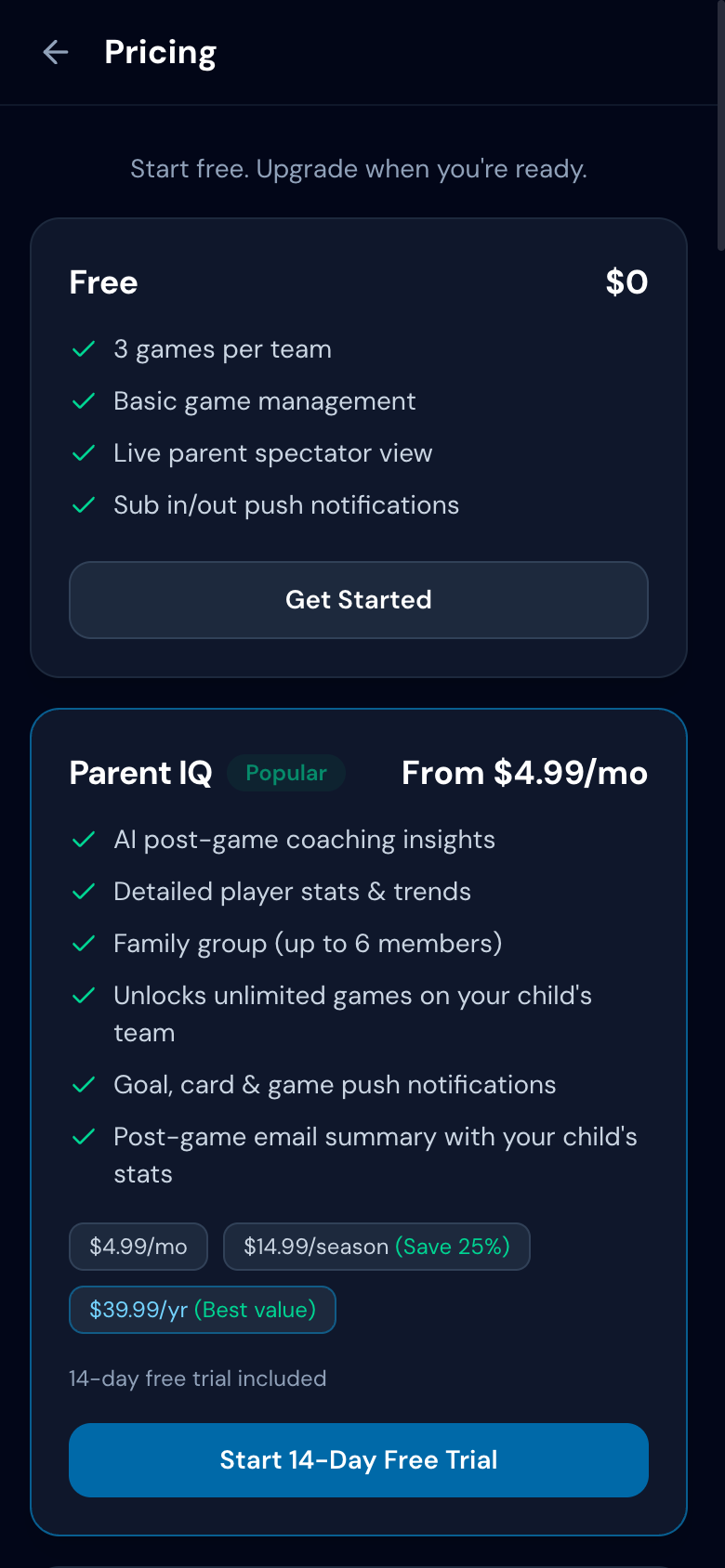 MatchdayIQ pricing plans for coaches and parents