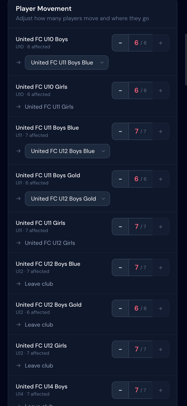 Player movement controls showing stepper buttons to adjust how many players move between teams and dropdown selectors for target teams