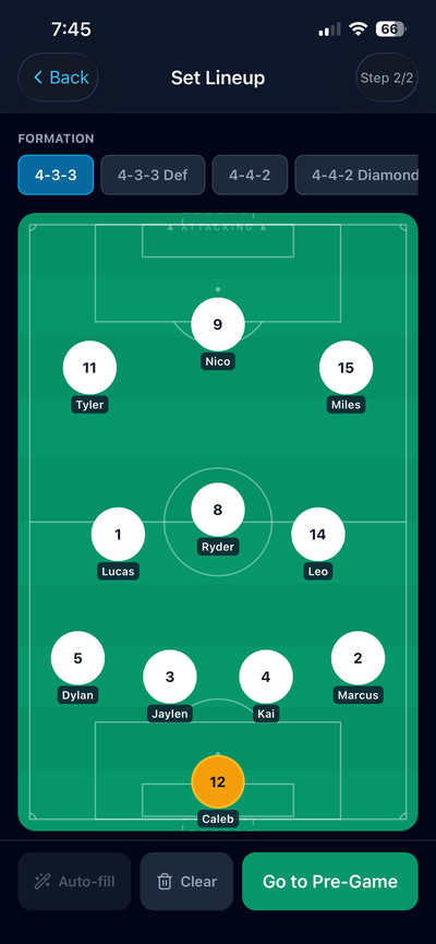 Lineup builder with formation picker and drag-and-drop